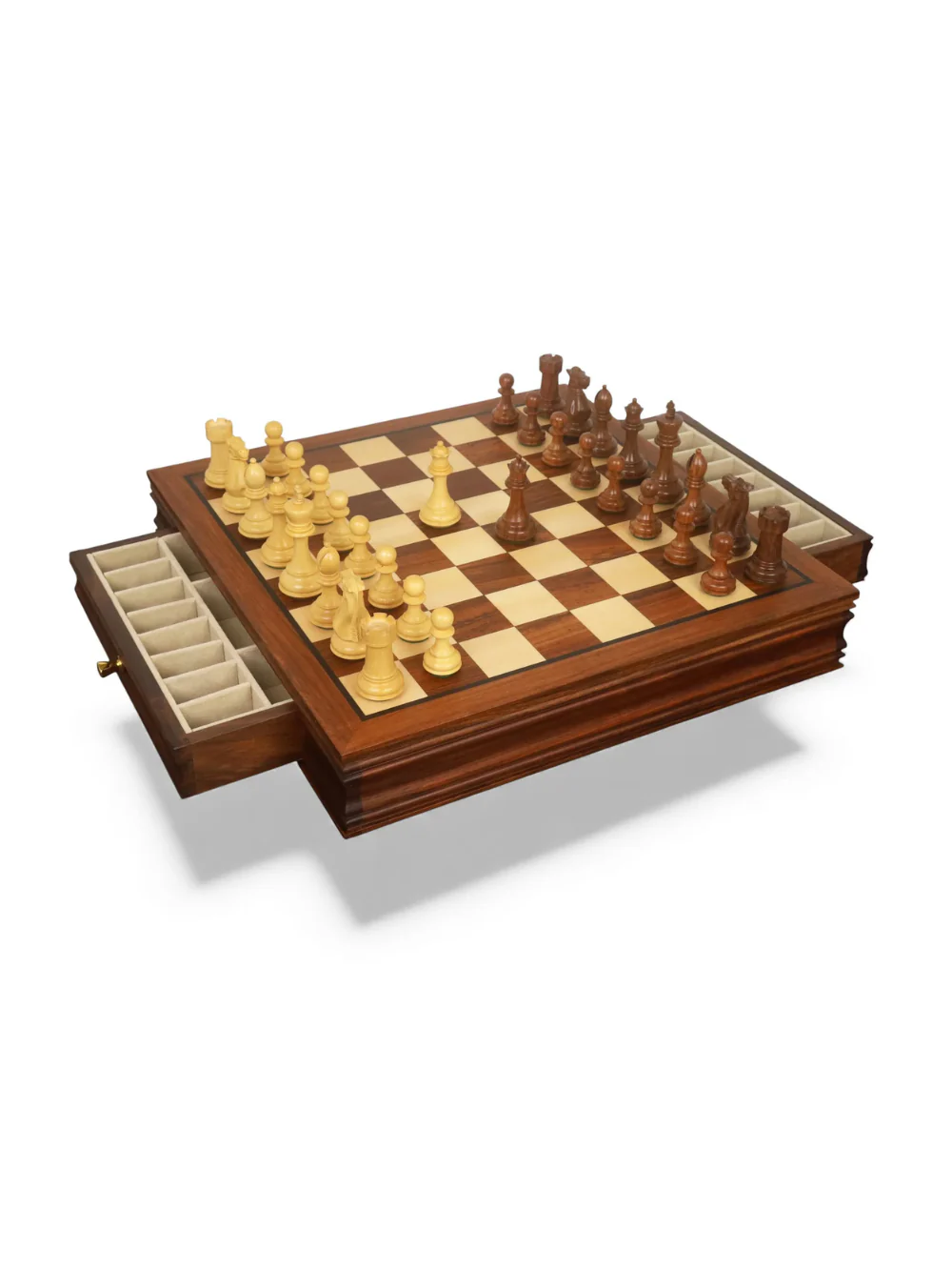 Luxury Golden Rosewood Chess Set with Velvet Storage Drawers
