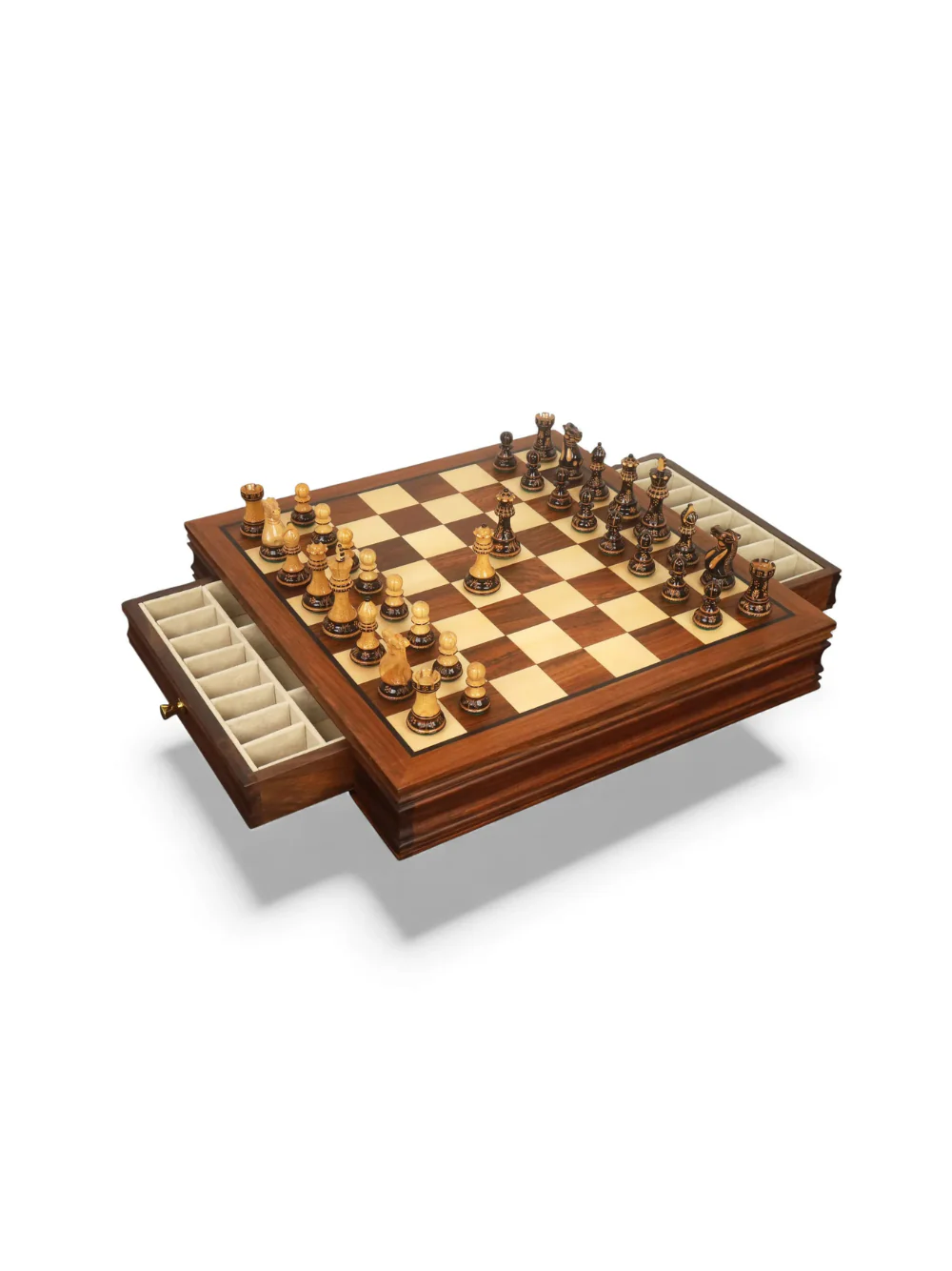 Luxury Chess Set with Velvet Storage Drawers & Gloss Finish Pieces